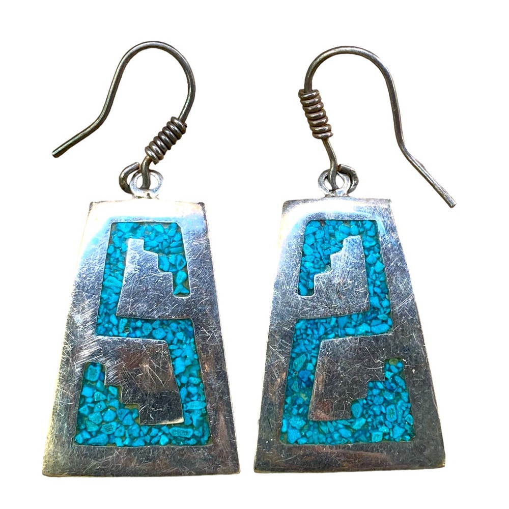 925 Mexico Silver Drop Earrings with‎ Crushed Turquoise Inlay